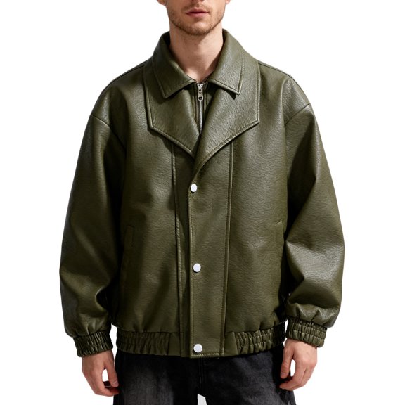 NTACZA Motorcycle Mens Winter Jacket Green Vintage Faux Leather Jacket Full Zip Bicycle Pu Outerwear Men's Coats Winter L