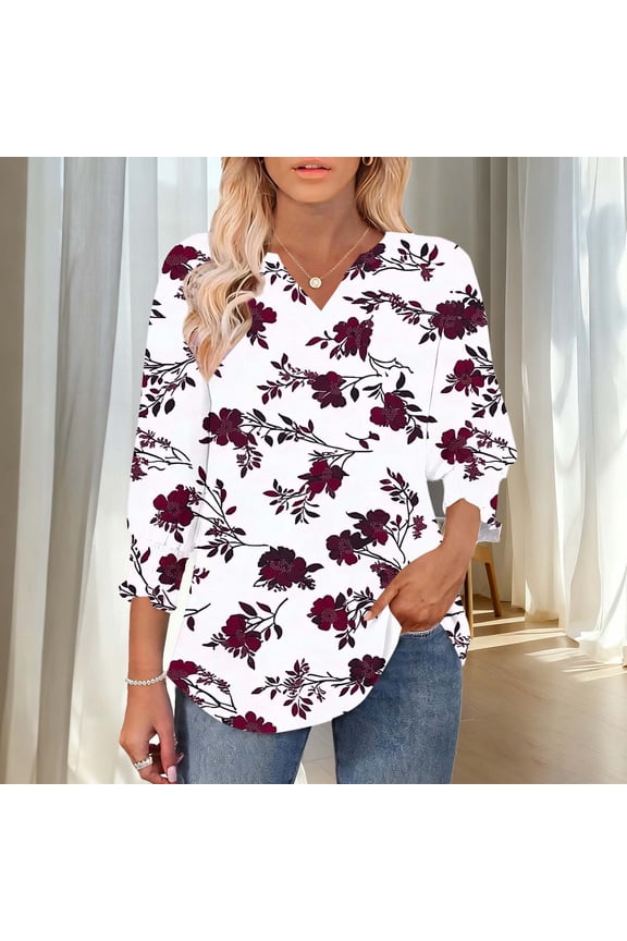 Notch Neck Womens Tops Dressy Casual Floral Blouson 3/4 Sleeve Graphic Tees Wedding Relaxed Fit with Smocked Cuffs Fashion Blouses for Women