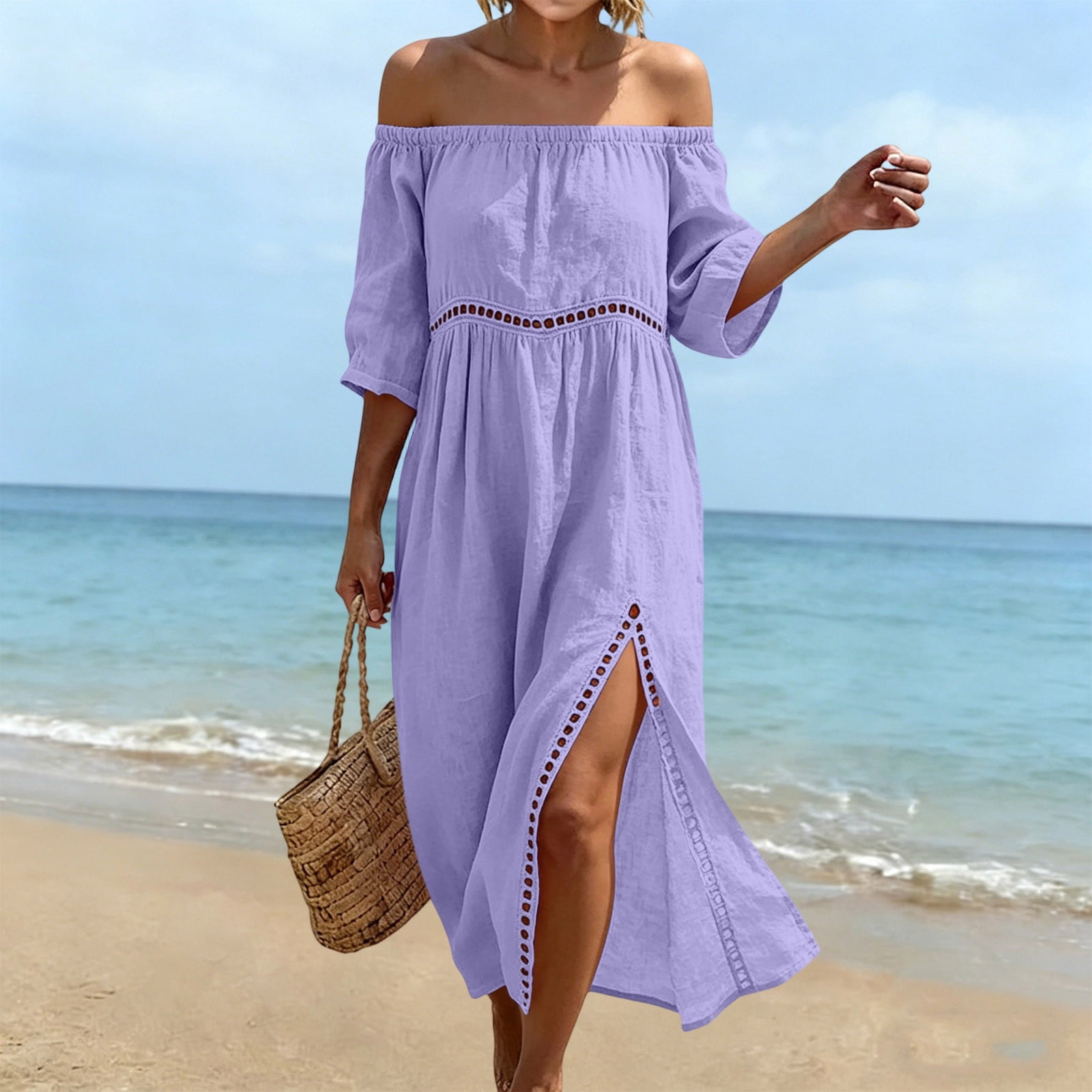 empire waist spring dresses NTACZA Off-The-Shoulder Front Slit Shift Maxi Beach Purple drop waist dress Buy Digital Printed Pure Size:US 6 / UK 10 / EU 36  (M) TEX Standard 100 certified Brand_Mr. Fish