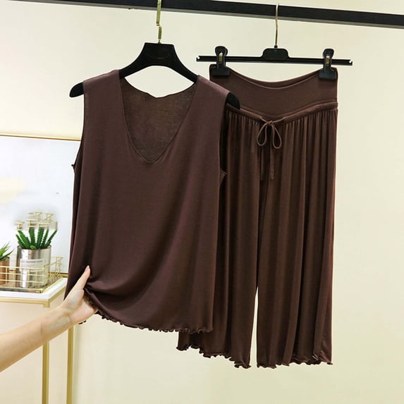 NTACZA Pajamas for Women Sleepwear Sets V-Neck Tank Top and Capris Pants Modal Soft Solid 2 Piece Homewear Ruffle Nightwear Brown XL