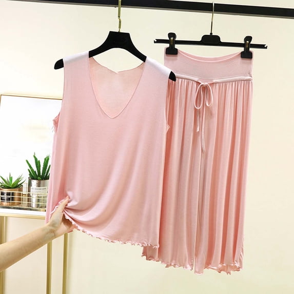 NTACZA Pajamas for Women Soft Sleepwear Sets Modal V-Neck Tank Top and Capris Pants Solid Homewear 2 Piece Ruffle Nightwear Pink L