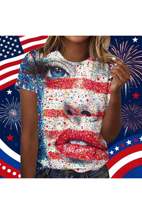 Crew Neck Summer Tops for Women 2026 T‑Shirts Patriotic Face Splatter Print Casual Short Sleeve Relaxed Fit Graphic Tees Festival Red