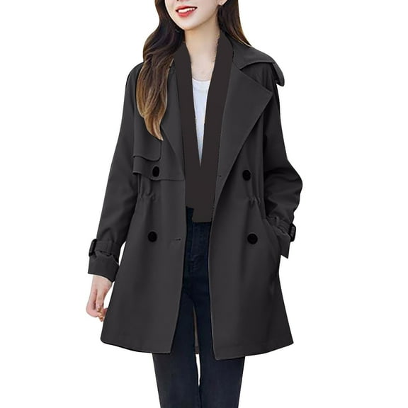 NTACZA Pea Womens Coats Dress Work Trench Black Lapel Collar Solid Long Sleeve Button up Coats Ladies Jackets L