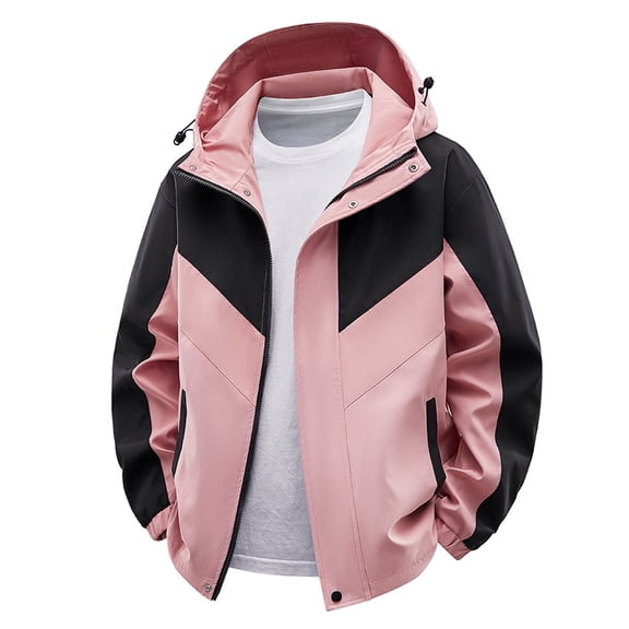 NTACZA Pink Jacket Men Hooded Waterproof Color Block Windbreaker Zip Up Long Sleeve Hiking Coat Mens Fall Coats L