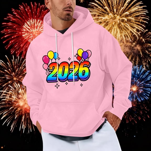 NTACZA Pink Mens Hoodies Graphic New Years Eve Casaul Sweatshirt Funny Drawstring Hooded Mens Fall Sweatshirts M