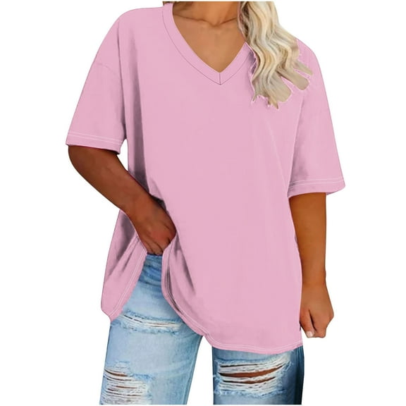 NTACZA Pink Spring Tops for Women Plus Size V-Neck Short Sleeve Solid T-Shirts Girls Shirts 3x