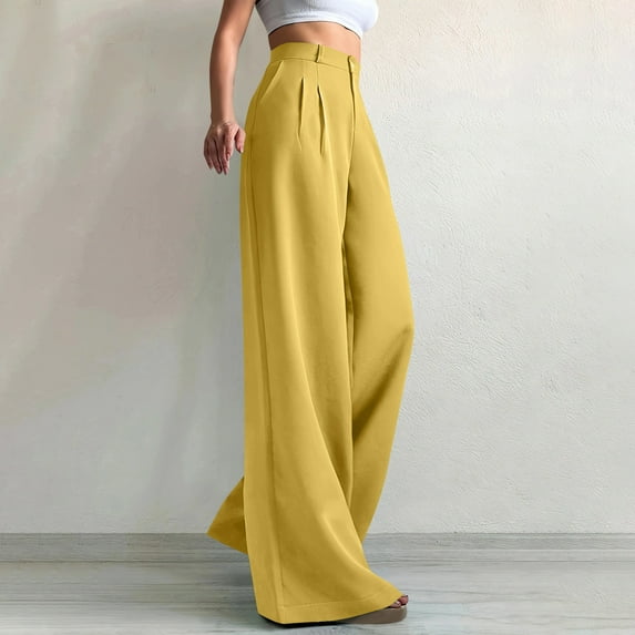 NTACZA Pleated Womens Pants Wide Leg High Rise Yellow Dress Pants Business Business Baggy Trousers Trousers Women S