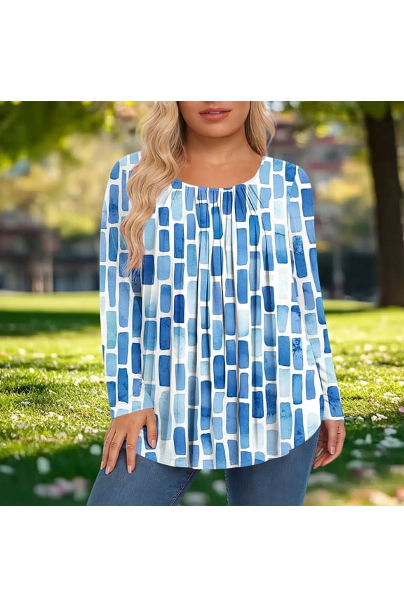 Plu Size Trendy Flowy Summer Tops Round Neckline Pleated Front Blue Brick Print Long Sleeve Tunic Blouses Casual Oversized L