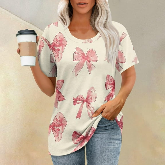 NTACZA Plus Size Blouses for Women Short Sleeve Pink Crew Neck Bow Print T-Shirts Girls Shirts L
