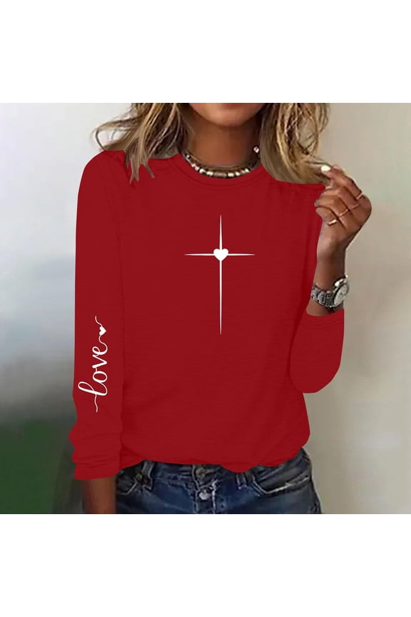 Plus Size Ladies Tops And Blouses Red Valentine's Day Long Sleeve T Shirts Loose Fit Active Couple Womens Shirts 3X