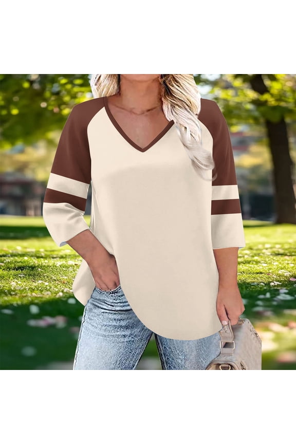 Plus Size Ladies Tops Beige 3/4 Sleeve V-Neck Colorblock Casual Blouses Women Vest L