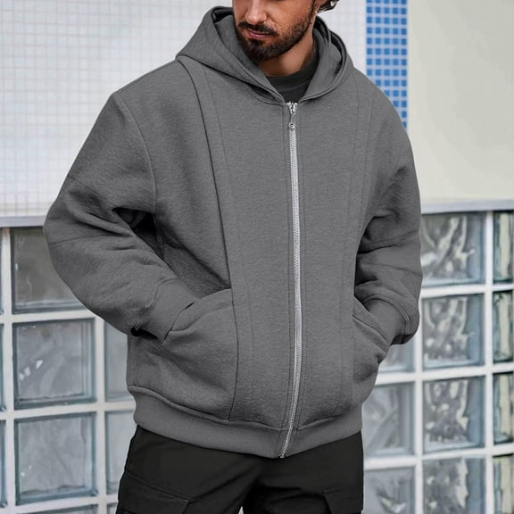 NTACZA Plus Size Men Hoodie Zip Up Heavyweight Gray Sweatshirt Hooded Pocket Full Zip Men Sweatshirts 2X
