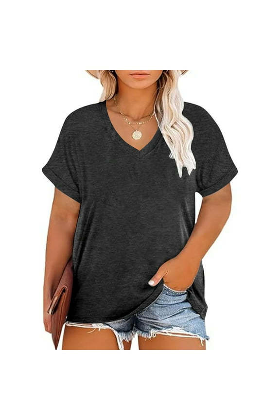 Plus Size Tops for Women Gray Cotton V Neck Short Sleeve Solid T-Shirts Womens Blouses Casual 4x