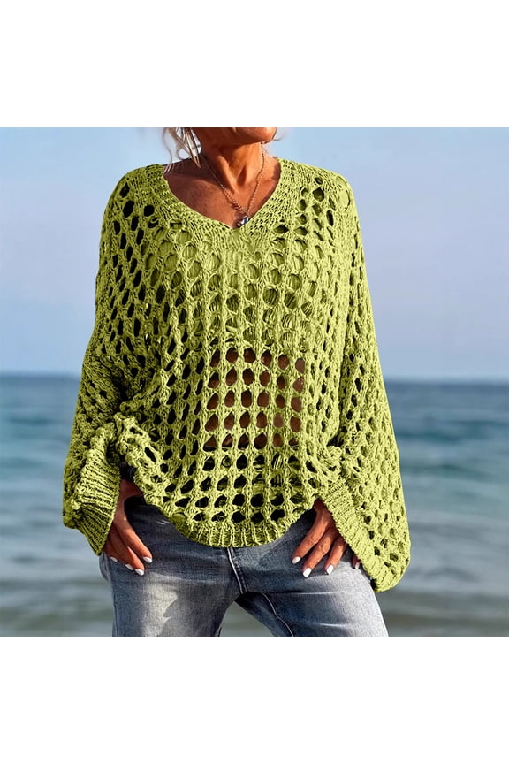 Plus Size Woman Sweater V Neck Hollowout Green Sweater Fishnet Bell Sleeve Baggy Knit Shirt Women Jumper S