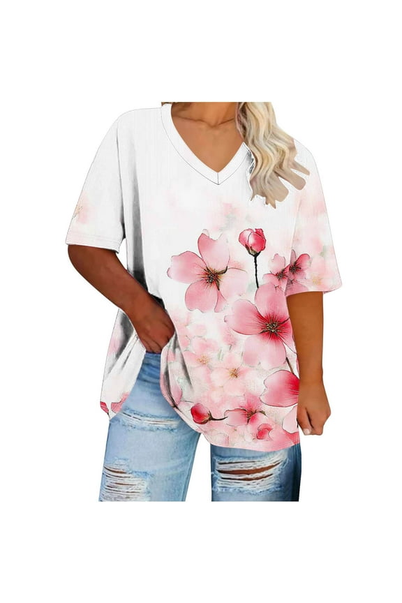 Plus Size Women Shirts V-Neck Pink Short Sleeve Floral Print T-Shirts Lady Blouses 2x