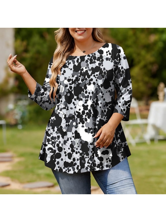 Plus size Summer Tops Graphic Prints T-Shirt Casual Hide Belly Graphic Tees Crew Neck Swing 3/4 Sleeve Oversized Daily Wear Size XXL