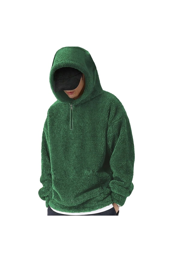 Plush Men Shirts Quarter Zip Thick Green Sweatshirt Fluffy Thermal Hooded Mens Sweatshirts L