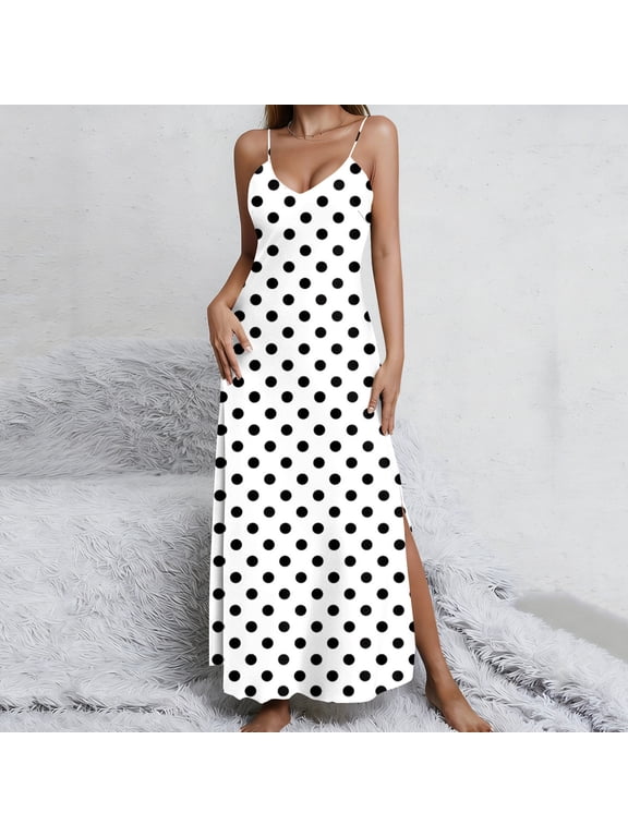 Polka Dot Dresses for Women Spaghetti Strap V Neck Maxi Dress Split Open Back Slip Dresses for Ladies M