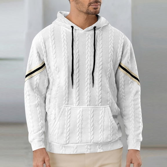 NTACZA Pullover Mens Shirts Loose Fit Jacquared White Sweatshirt Hooded Long Sleeve Drawstring Sweatshirts for Men L
