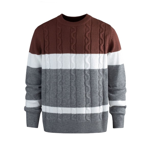 NTACZA Pullover Sweaters Men Color Block Cable Knit Brown Sweater Crew Neck Loose Fitting Knitwear Men Jumper L