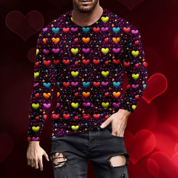 NTACZA Purple Mens Shirts Stylish Valentines Crew Neck Funny T Shirt Festival Long Sleeve Fitness Graphic Tees for Men L