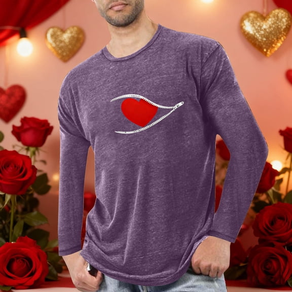 NTACZA Purple Shirts Mens Valentine's Day Crewneck Pajama Graphic Tees Holiday Long Sleeve Pullover Tshirt for Men 3X