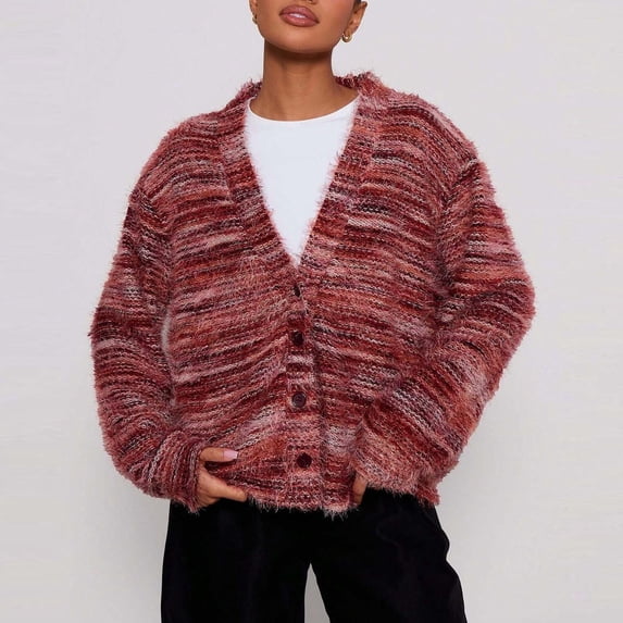 NTACZA Red Sweaters for Women V Neck Loose Button Down Sweater Cardigan Fuzzy Dressy Sweater Coat Ladies Jumper L