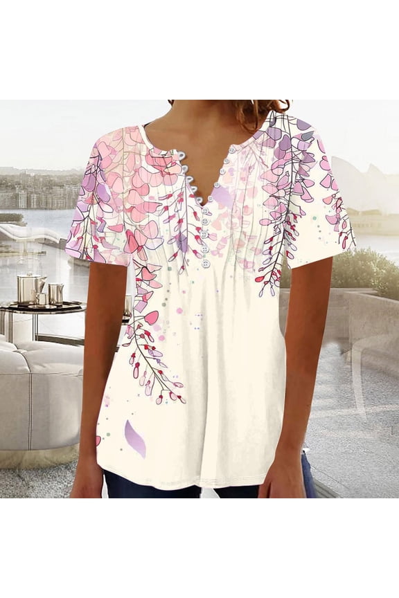 Regular Spring Tops for Women 2026 Trendy Short Sleeve Henley Floral Button Women Boho Graphic Tees T Shirts