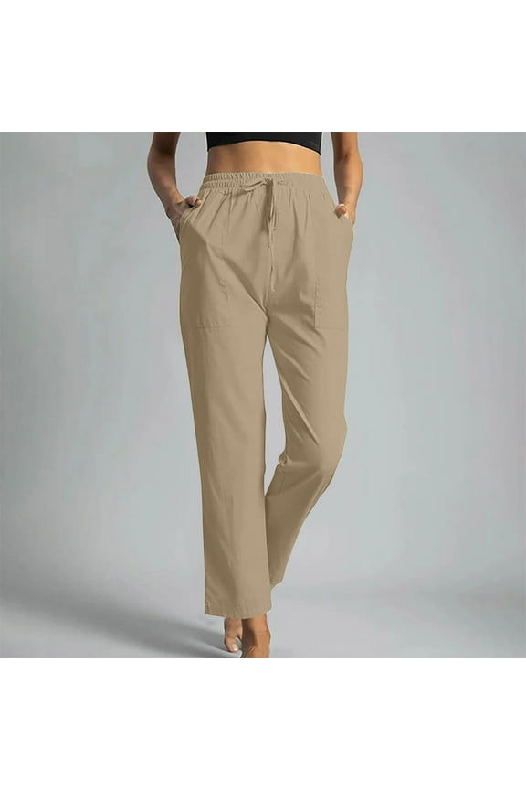 Relaxed Sweat Pants for Womens Solid Cotton Beige Elastic High Waist Pants Ladies Sweatpants Plus Size M