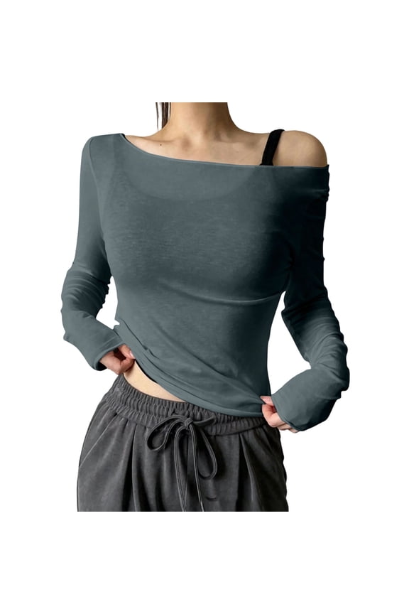 Ribbed Knit Date Night Tops for Women Solid Asymmetrical Neck Off The Shoulder Long Sleeve Ruffle Hem Slim Vacation Blouses L