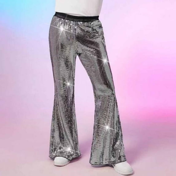 NTACZA Sequin Shiny Pants for Men Wide Leg Disco Silver Dance Pants Bell Bottom Night Club Pants Men Trousers XXL