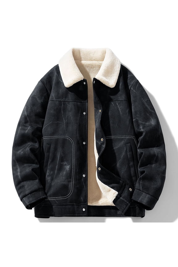 Sherpa Lined Jackets Men Faux Suede Black Work Trucker Jacket Thick Fleece Button Down Coat Mens Coats L