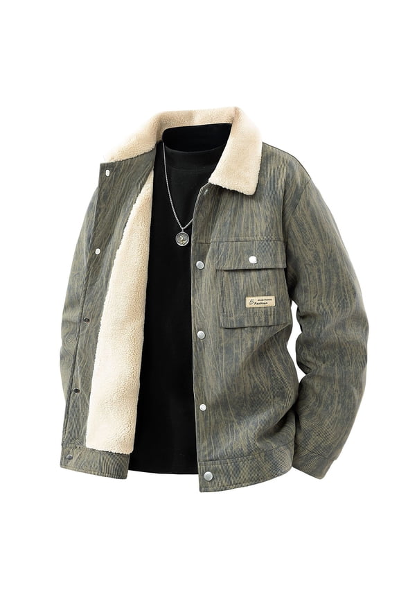 Sherpa Lined Jackets Men Winter Work Corduroy Green Trucker Jacket Button Down Thick Cargo Coat Fall Men Coats L