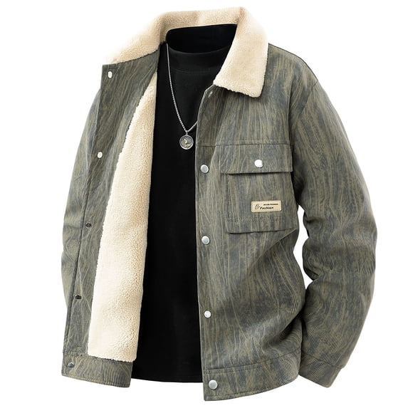 NTACZA Sherpa Lined Jackets Men Winter Work Corduroy Green Trucker Jacket Button Down Thick Cargo Coat Fall Men Coats L