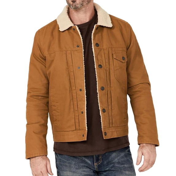 NTACZA Sherpa Lined Men Jacket Yellow Faux Suede Work Trucker Jacket Fleece Full Zip Cargo Coat Coats for Man L
