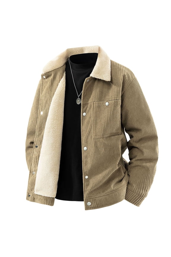 Sherpa Lined Mens Jacket Yellow Corduroy Work Trucker Jacket Thick Button Down Outerwear Winter Coats for Man M