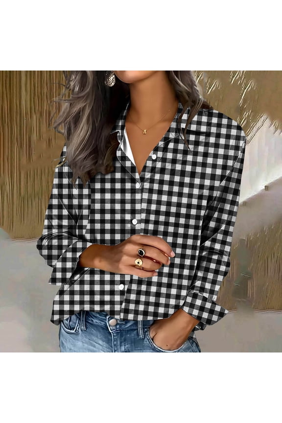 Shirts Ladies Summer Tops Casual Button Down Check Collared Relaxed Fit Rolled Blouse Long Sleeve Work Black