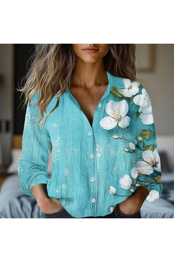 Shirts Ladies Summer Tops Trendy Casual Button Down White Magnolia Floral Print Collared Relaxed Blouson Long Sleeve Blouse Office Wear
