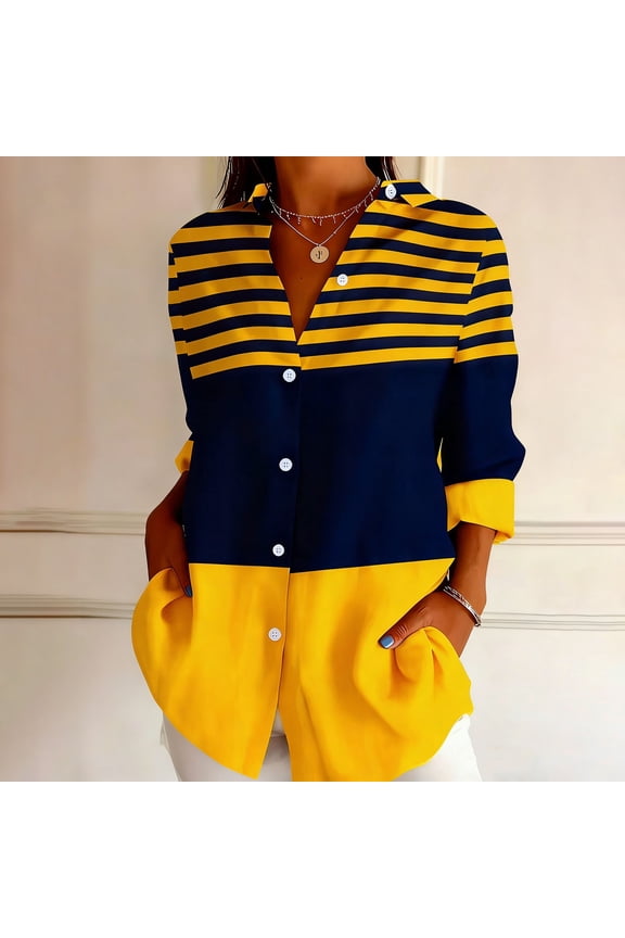 Shirts Womens&nbsp;Tops Button Down Striped Casual Collared Relaxed Fit Long Sleeve Blouson Blouse Office Wear Yellow