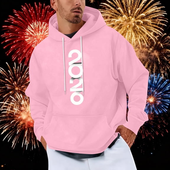 NTACZA Shirts for Men Long Sleeve Graphic Pink New Years Sweatshirts 2026 Drawstring Hooded Men Sweatshirts 4X