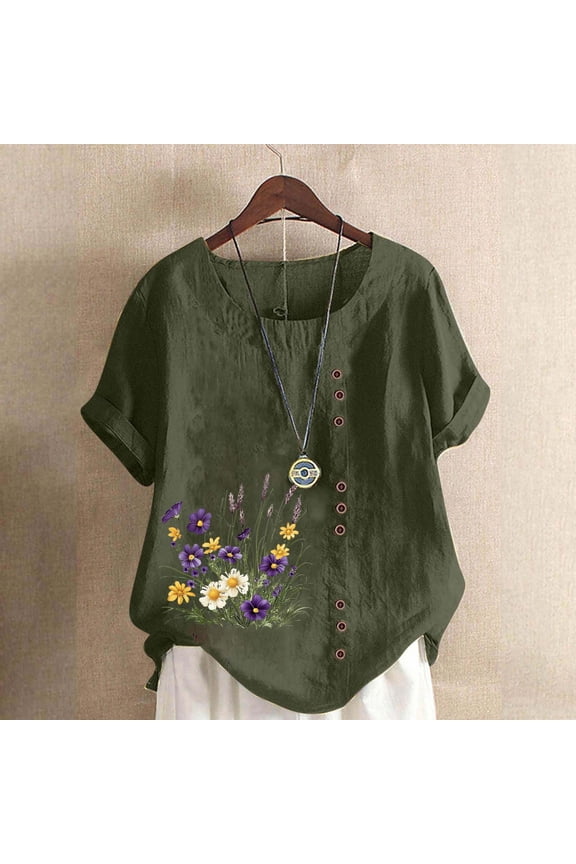 Short Sleeve Summer Tops for Women Floral Crew Neck Graphic Tees Faux Linen Crew Neck Women Shirts L