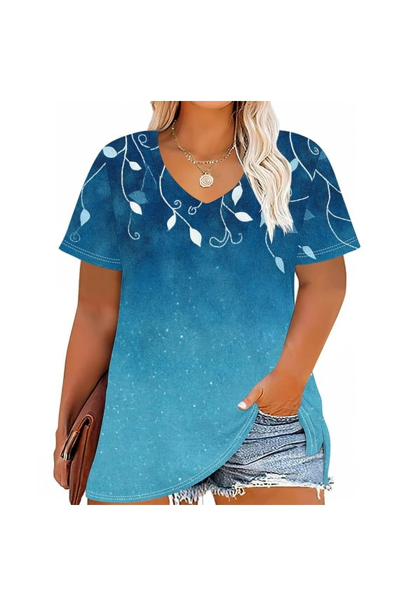 Short Sleeve T-Shirt Women Graphic Plus Size Blue V-Neck Pullover T-Shirts Girls Shirts 2x