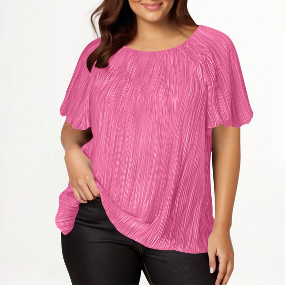 NTACZA Short Sleeve Tops for Women Pink Casual Plus Size Dressy Solid Blouses Women's T Shirts XXL