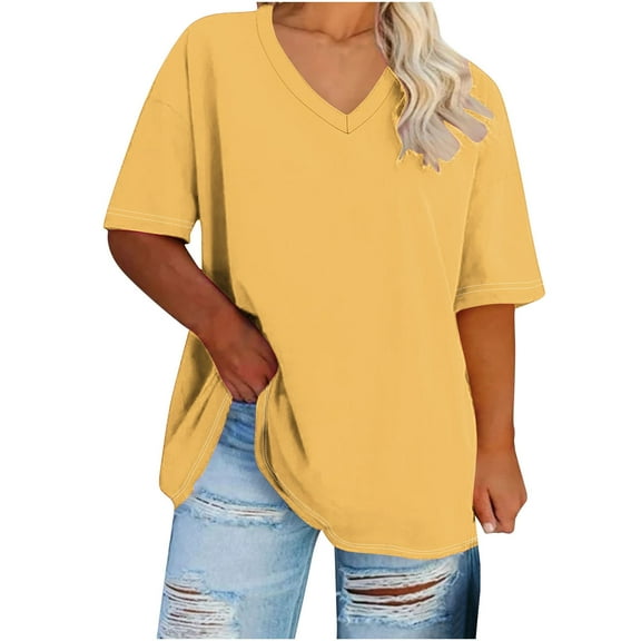 NTACZA Short Sleeve Women Shirts 5 Plus Size Yellow V-Neck Plus Size Solid T-Shirts Lady Blouses 4X