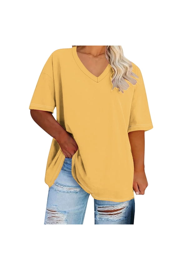 Short Sleeve Women Shirts 5 Plus Size Yellow V-Neck Plus Size Solid T-Shirts Lady Blouses 4X