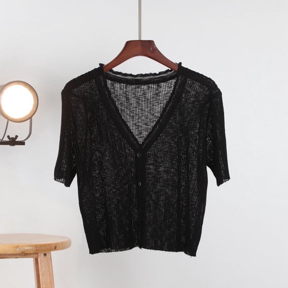 NTACZA Short Sleeve Womens Cardigans Lightweight Casual Button Front Solid Sweater Dailywear Regular Black