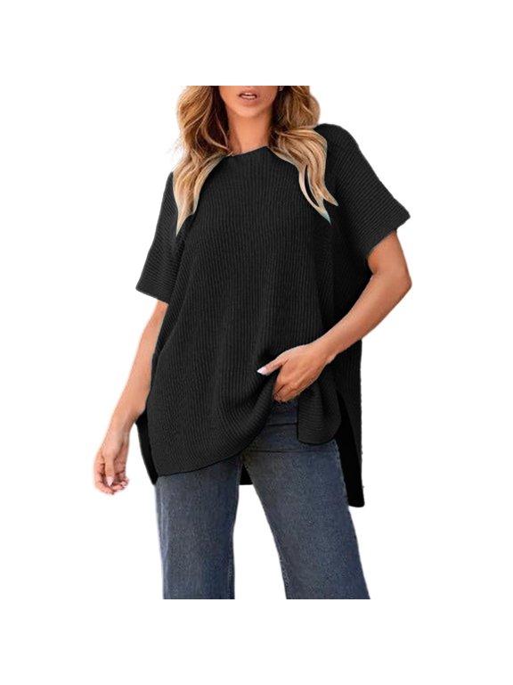 Short Sleeve Womens Tops Plus Size Crew Neck T-Shirt Cutout Baggy Ribbed Women's Shirts L