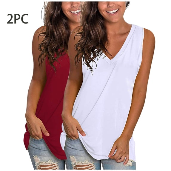 NTACZA Sleeveless Tank Tops for Women Wide Strap High Low Tank Tops 2 Pack Basic V-Neck Solid Casual Loose T-Shirts Camisole Tops for Women
