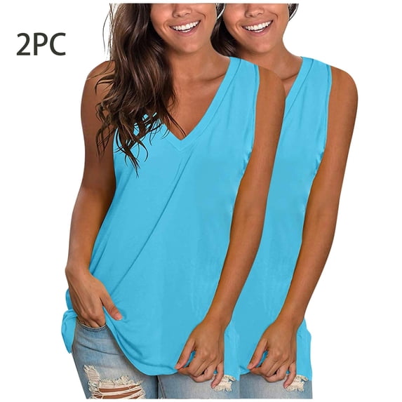 NTACZA Sleeveless Womens Tank Tops High Low Tank Tops 2 Pack Wide Strap Basic Loose Casual Solid V-Neck T-Shirts Tops for Women