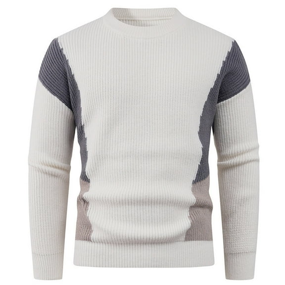 NTACZA Slim Fit Men Sweaters Thick Color Block Beige Sweaters Crew Neck Stretch Knit Shirt Mens Winter Jumpers L